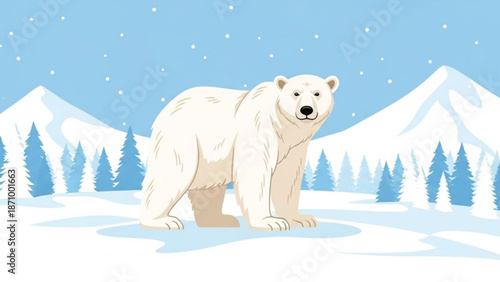 A large white polar bear standing on a patch of ice in a snowy landscape with pine trees and mountains in the background under a blue sky with snowflakes