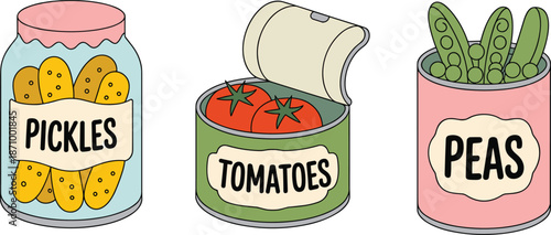 Colorful Vector Illustration of Pickles, Canned Tomatoes, and Peas in Jars – Isolated Food Icons for Grocery, Kitchen, Recipe, and Meal Preparation Design flat vector illustration