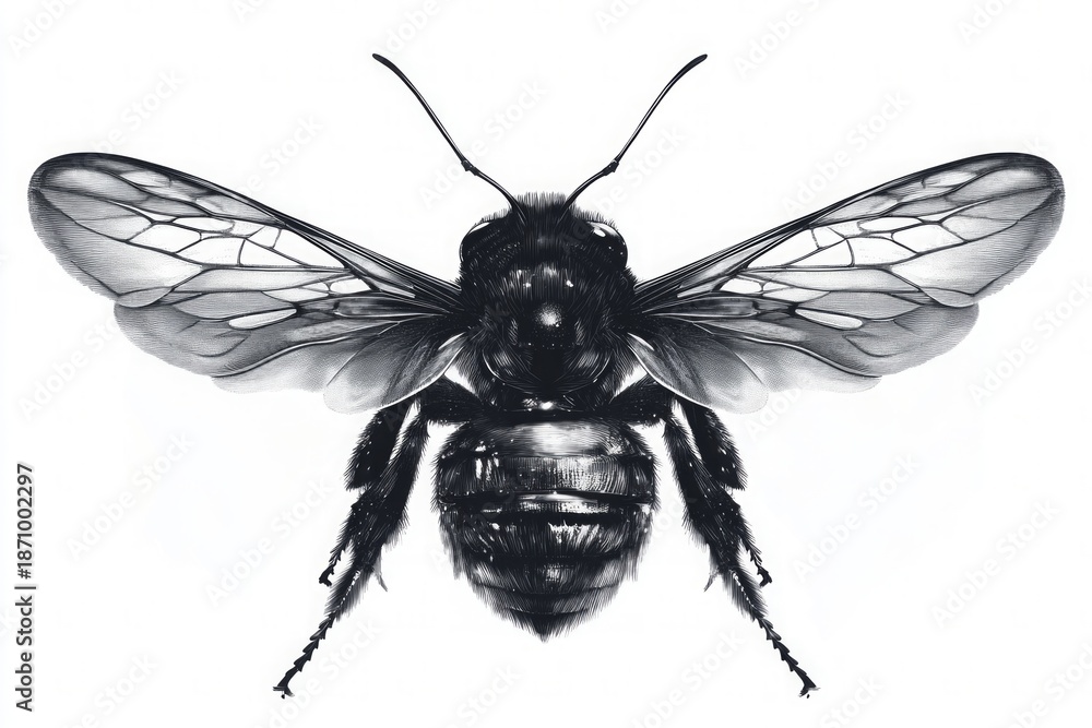 Obraz premium Detailed black and white ink drawing of a bee with open wings isolated on white background