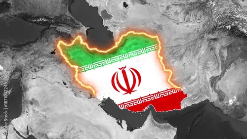 Iran s national flag prominently displayed over a grayscale map of the country