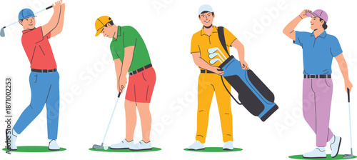 Group of diverse male golfers playing golf, swinging, putting, carrying golf bag, wearing colorful sportswear on course. flat vector illustrationflat vector illustration
