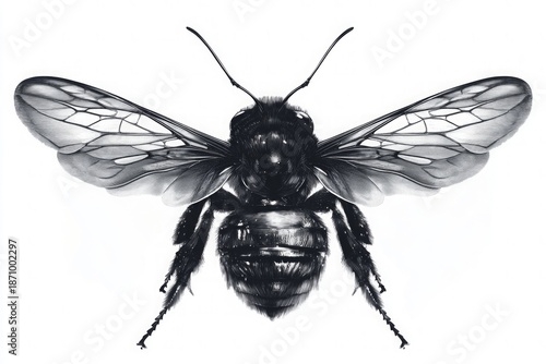 Wallpaper Mural Detailed black and white ink drawing of a bee with open wings isolated on white background Torontodigital.ca