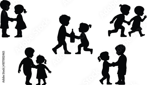 Silhouette of children sharing, playing together, running, friendship, helping hand, childhood bonding, teamwork, innocent fun, learning, social development, caring gesture

 flat vector illustration