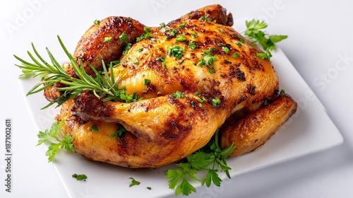 Tasty and juicy rotisserie chicken on a light background.