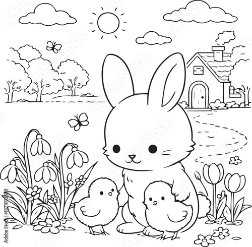 Black and white Easter coloring page with a cute bunny and little chicks among first spring flowers. Perfect for kids coloring books, Easter activities, spring crafts and printable illustrations.