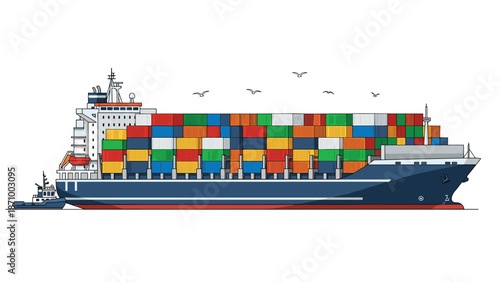 Massive container ship fully loaded with countless vibrant, multi-colored shipping containers, smoothly navigating the waters while a small tugboat assists and seagulls fly gracefully overhead.