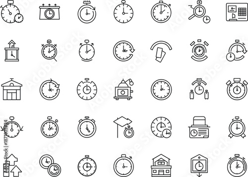 Time management and schedule line icons illustration set featuring clocks alarms deadlines and productivity concepts