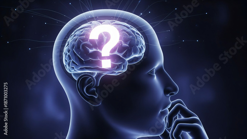 A digital illustration depicts a x-ray of a human head in profile with a question mark inside, facing right, against a dark blue and black background.