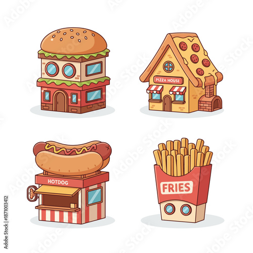 Charming cartoon fast food themed buildings set a hamburger restaurant, slice of pizza house, hot dog stand, and french fries carton eatery, ideal for playful designs and culinary concepts