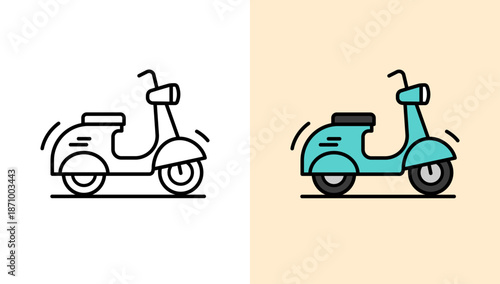 This clean outline features a side view of a classic kick scooter with simple curves and bold lines, perfect for children’s coloring books, educational worksheets, or design elements.