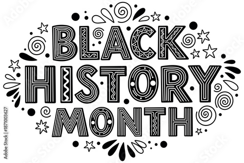 Black history month celebration text art with decorative patterns and symbols