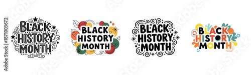 Black history month graphic designs with decorative elements and bold typography