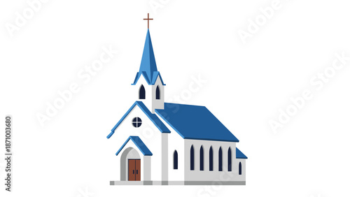 Traditional white church building featuring a distinctive blue roof and tall steeple adorned with a cross, symbolizing faith, community, worship, and religious sanctuary.