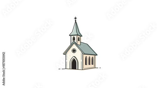Quaint, simple line-art style church building featuring a tall steeple topped with a cross, conveying a sense of serenity, tradition, and spiritual community with a hand-drawn feel.