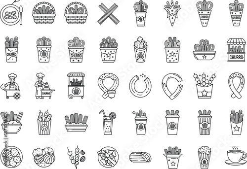 Street food snack line icons illustration set featuring fries desserts drinks and fast food items