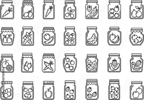 Preserved fruits and vegetables jar line icons illustration set showing food storage canning and pantry items