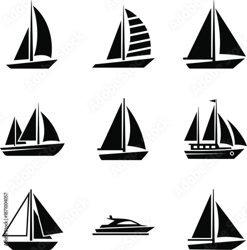 Sailboat and yacht silhouette icons illustration set showing marine transport sailing and nautical design