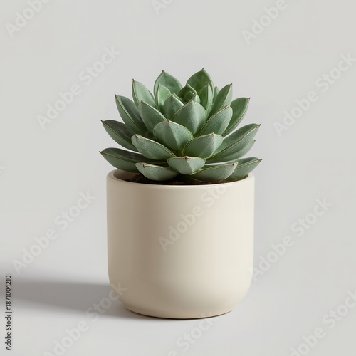 Minimalist Potted Echeveria Succulent in a White Ceramic Planter - Realistic Indoor Desk Plant Isolated on Light Grey Background
