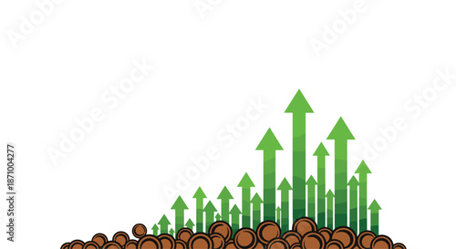 Green Arrows Growing Upwards From Coins Representing Financial Growth, Generative AI.