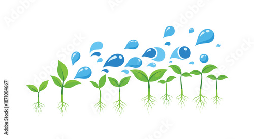 Stages of plant growth with water droplets symbolizing nurturing, Generative AI.