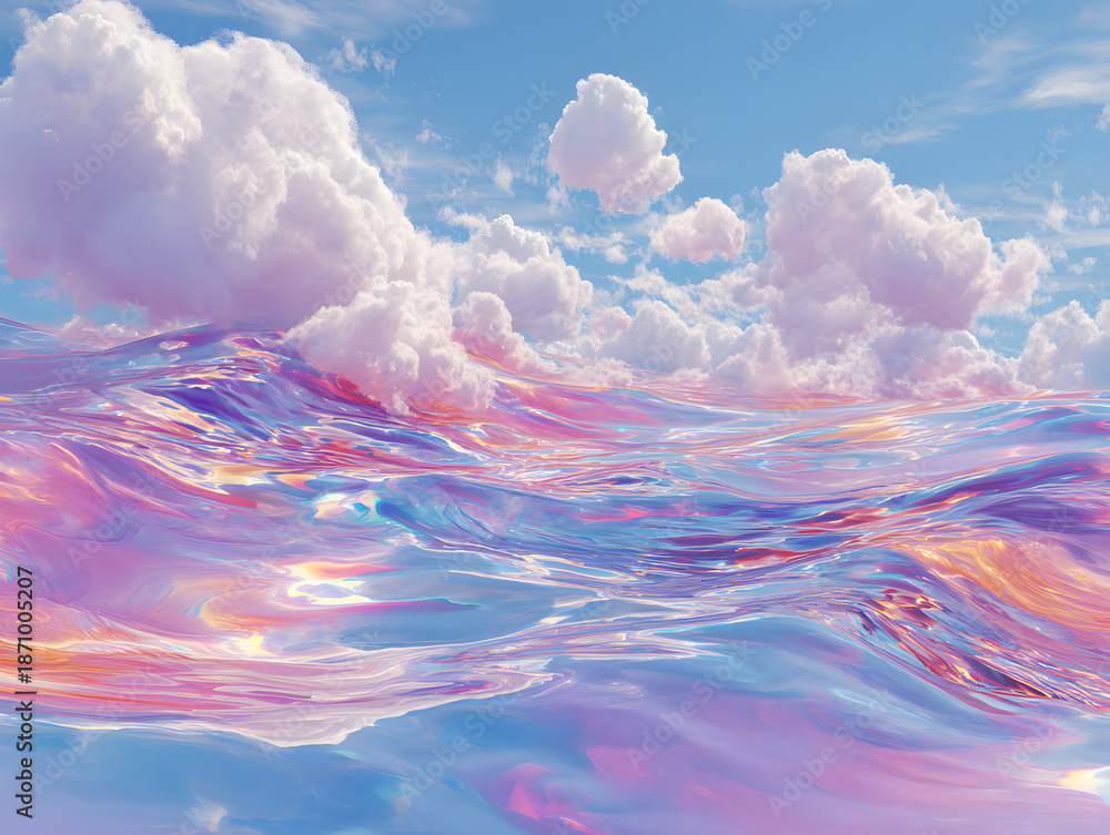 Fototapeta premium Softly rippling holographic waves dance on the serene surface of a pastel ocean under a fluffy white cloud-filled sky viewed from above