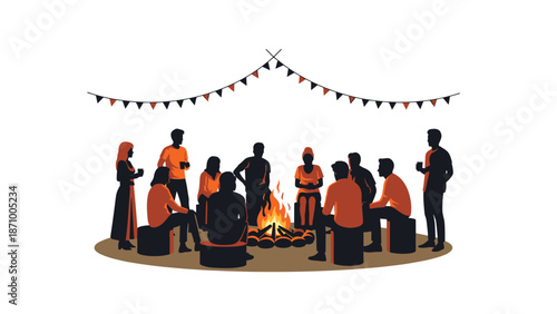 Diverse group of friends or family members sitting closely around a warm campfire, illuminated by festive decorative banners overhead, symbolizing community, storytelling, and outdoor gatherings.