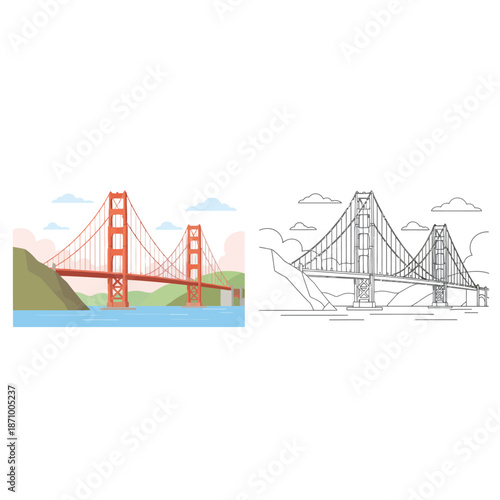 A vibrant illustration of the iconic Golden Gate Bridge spanning a body of water between green hills under a cloudy sky.