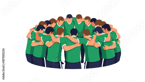 United soccer team wearing green jerseys huddling closely together in a circle, symbolizing teamwork, strategy, unity, and preparation before a game or during a break.