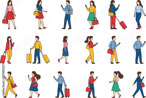 People walking with smartphones and luggage illustration set showing travel commuting and modern lifestyle activities