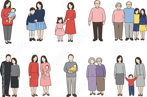 Family members across generations illustration set showing parenting relationships caregiving and everyday family life