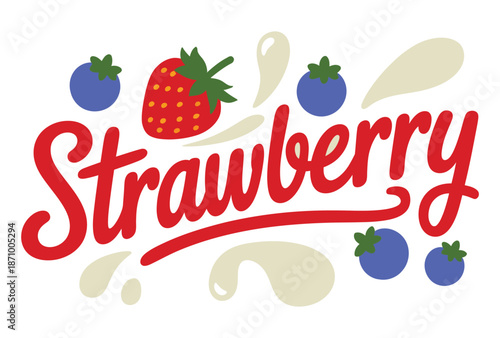 A colorful illustration of the word Strawberry surrounded by blueberries and a strawberry
