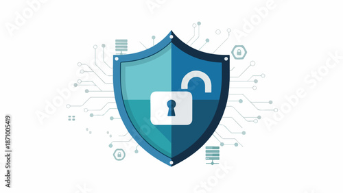 A blue shield with a white lock and circuit board