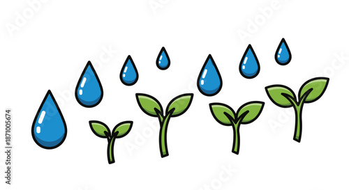 Water drops and growing plants illustration, Generative AI.
