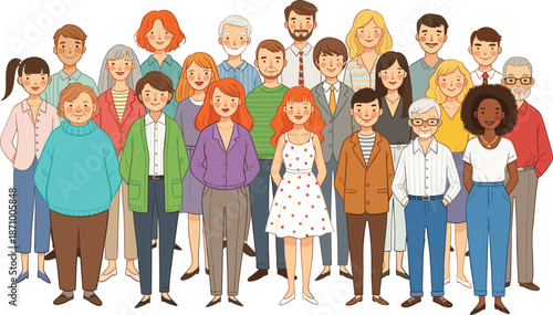 Large diverse group of people illustration representing modern community inclusion teamwork and social diversity