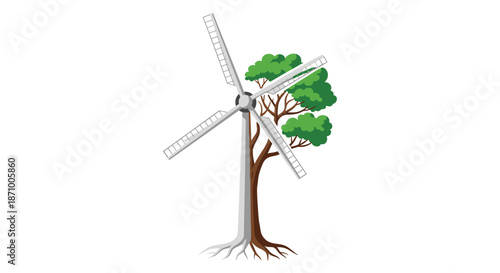 Wind turbine integrated with a tree representing renewable energy and nature, Generative AI.