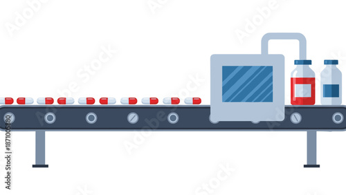 Efficient pill manufacturing process depicted on a conveyor belt, showcasing red and white capsules moving towards packaging, symbolizing pharmaceutical production and quality control.
