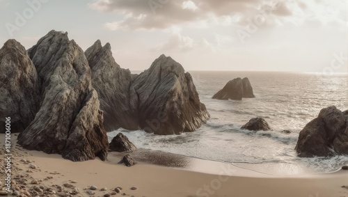 Jagged rock formations on a sandy beach during a peaceful sunset.