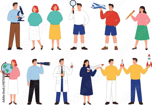 People in science education and creative activities illustration set showing learning research innovation and exploration
