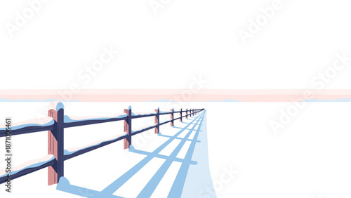 Serene winter landscape featuring a picturesque, snow-covered wooden fence stretching into the distance across a vast, pristine white plain under a soft, light sky.