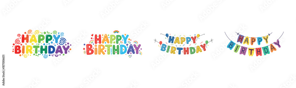 Obraz premium Colorful happy birthday designs with festive lettering and decorations