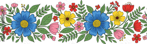 Colorful floral border illustration featuring blooming flowers leaves and decorative botanical garden arrangement