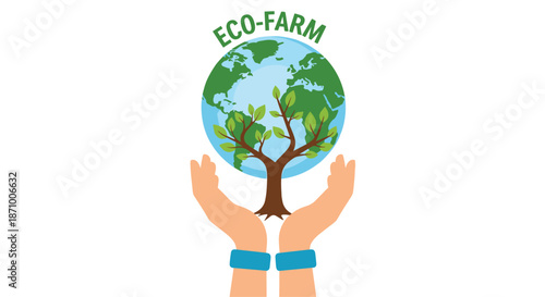 Hands holding planet earth with tree and eco farm text, Generative AI.