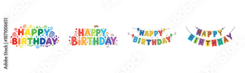 Colorful happy birthday designs with festive lettering and decorations