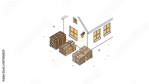 Isometric illustration of a charming house with multiple piles of neatly stacked firewood outside its windows, showcasing cozy winter readiness and fuel storage.