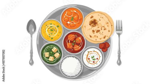 Elaborate Indian Thali feast arranged beautifully on a traditional steel plate, featuring an array of colorful curries, fragrant rice, fluffy flatbread, and a sweet dessert, flanked by cutlery.