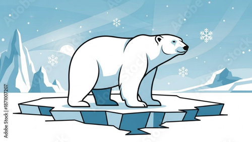 A polar bear standing on a melting iceberg in a snowy arctic landscape with icebergs and snowflakes with climate change and cartoon illustration