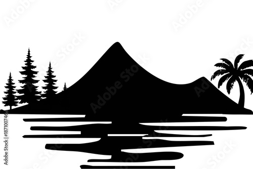 Serene Island Landscape with Mountain and Palm Tree Silhouette