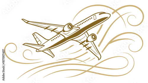 Golden Airplane Decorative Silhouette with Elegant Swirl Lines Illustration