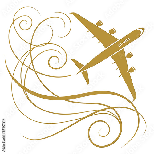 Golden Airplane Decorative Silhouette with Elegant Swirl Lines Illustration
