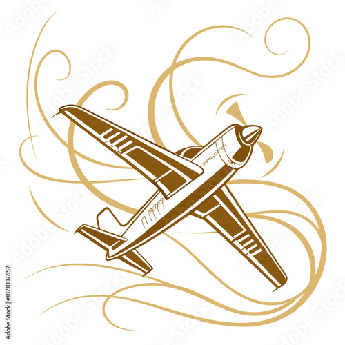 Golden Airplane Decorative Silhouette with Elegant Swirl Lines Illustration